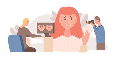 Face recognition, biometric identification system flat vector illustration. Cyber protection, identity detection concept.のイラスト素材