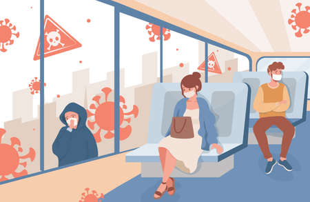People travel on public transport after Coronavirus vector flat illustration. Men and women keep safe social distance.のイラスト素材