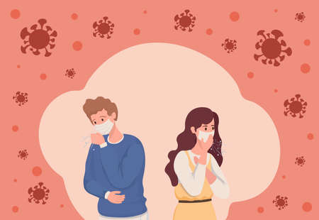 Young man and woman infected with Coronavirus vector flat illustration. People in medical face masks have a cough.のイラスト素材