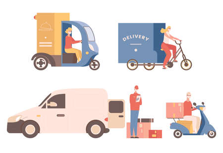 Express non contact delivery vector flat illustration. People in medical face masks deliver goods or food, ride bike.のイラスト素材