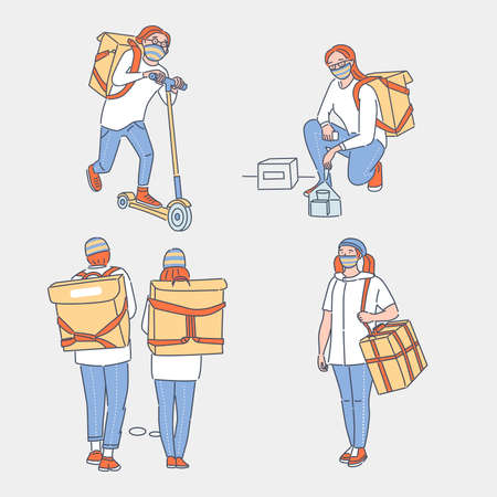 Online delivery service vector cartoon outline illustration. People carrying goods and foods to customers.のイラスト素材