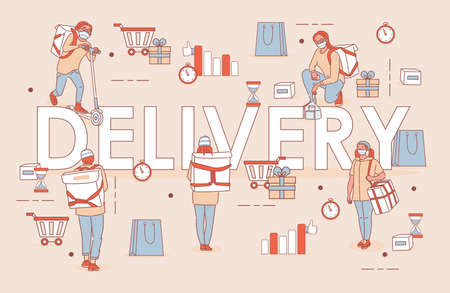 Delivery word vector cartoon outline poster design. People in medical masks deliver goods or food.のイラスト素材