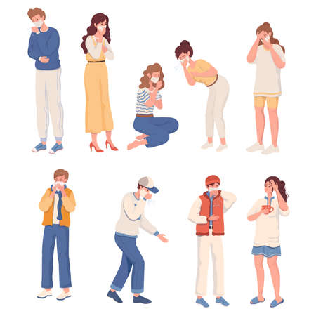 Coronavirus Covid-19 or flu symptoms vector flat illustration. Flu sickness concept.のイラスト素材
