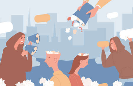 Fake news vector flat illustration. People filling man and woman heads with garbage.のイラスト素材