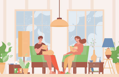 Happy couple in domestic clothes sitting in comfortable armchairs and reading books vector flat illustration.のイラスト素材