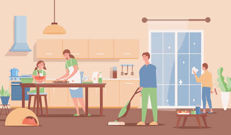 Family spending weekend together at home vector flat illustration. Modern interior design.のイラスト素材