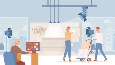 Shooting of daily breaking news vector flat illustration. Announcer reading news, operator preparing camera.のイラスト素材