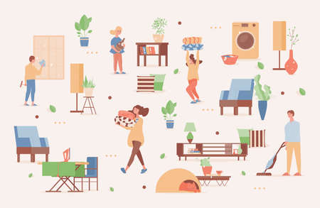 Smiling men and women in domestic clothes cleaning up apartments, tidying their house. Modern furniture design.のイラスト素材