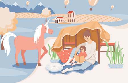 Happy smiling mother reading a book to her daughter before going sleep vector flat illustration.のイラスト素材