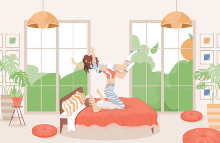 Happy couple spending time together in bed vector flat illustration. Modern bedroom interior design.のイラスト素材
