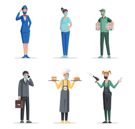 Different professions vector flat concept. Airport worker, pregnant woman, delivery man, businessman, chef, hairdresser.のイラスト素材