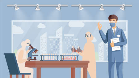 Medical researchers, developing vaccine against coronavirus vector flat illustration.のイラスト素材