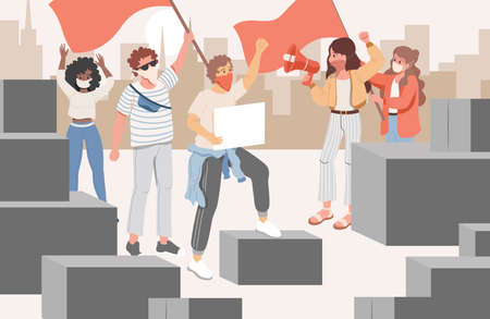 Group of activists at meeting in the city vector flat cartoon illustration. Men and women protesting.のイラスト素材