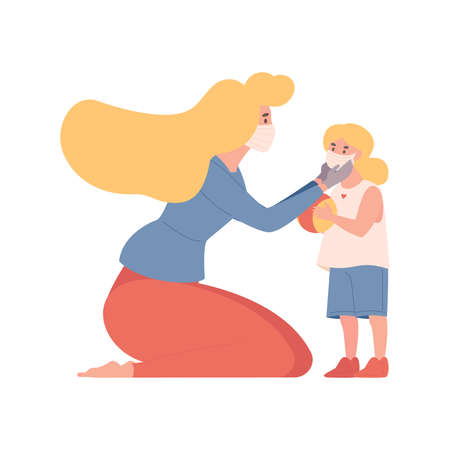 Young mother puts a protective mask on her little daughter to prevent spreading of coronavirus vector flat illustration.のイラスト素材