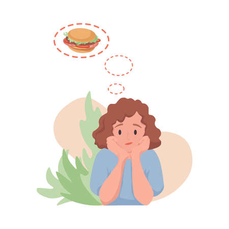 Woman dreaming of hamburger vector flat cartoon illustration. Hungry woman wishing to eat fast food.のイラスト素材
