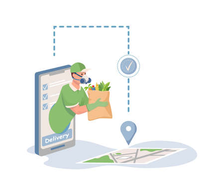 Delivery man in respiratory face mask holding bag with grocery food vector flat cartoon illustration.のイラスト素材