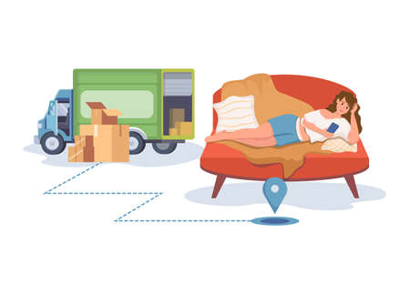 Smiling woman lying on sofa and order delivery on mobile application vector flat cartoon illustration.のイラスト素材