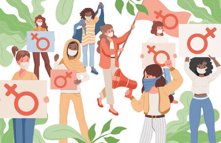 Women holding placards with female signs vector flat cartoon illustration. Feminism, sisterhood, girl power.のイラスト素材