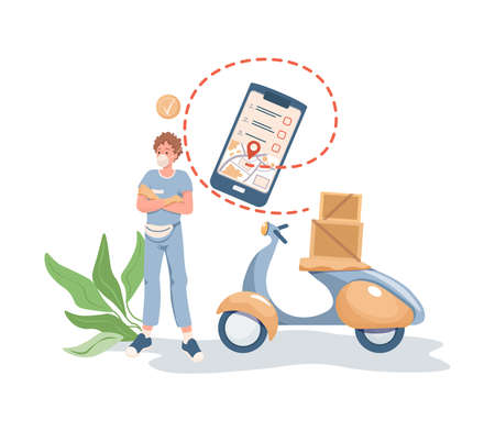 Man in face mask standing near motorbike or scooter with boxes and parcels on it vector flat cartoon illustration.のイラスト素材