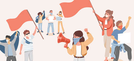 Group of people holding flags, loudspeakers, and placards and protesting vector flat cartoon illustration.のイラスト素材