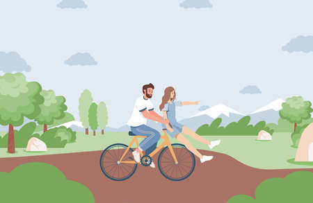 Happy couple, girlfriend, and boyfriend spending time together in park vector flat illustration.のイラスト素材