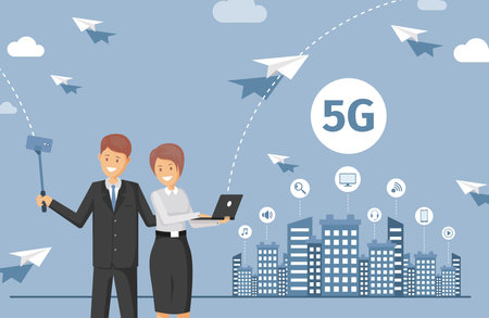 Happy smiling people using high-speed 5G Internet technology vector flat illustration.