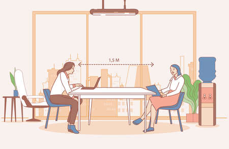 Women working in the office and keeping safe social distance vector cartoon outline illustration.のイラスト素材