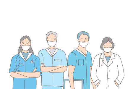 Group of medical workers in protective face masks standing together cartoon outline illustration.のイラスト素材