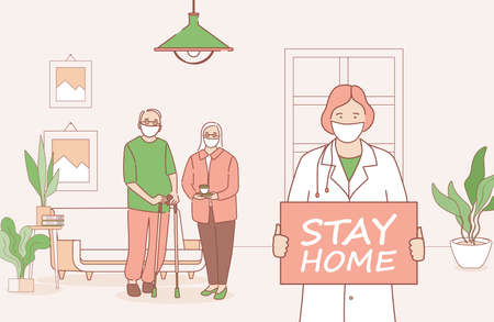Stay home to prevent Coronavirus outbreak vector cartoon outline concept. Doctor holding placard, old couple standing.のイラスト素材
