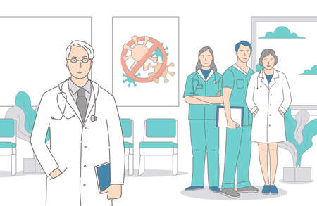 Doctors, nurses, and medical workers standing together in the hospital vector cartoon outline illustration.のイラスト素材