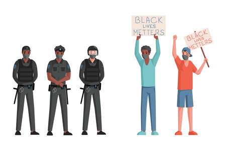 Police officers and men in face masks holding placards and banners with Black lives matter words vector flat illustration.のイラスト素材
