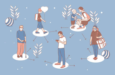 People maintain social distance on public vector cartoon outline illustration. Men and women keeping safe distance.のイラスト素材