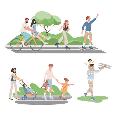 Happy smiling people in comfortable clothes spending summertime together outdoor vector flat illustration.のイラスト素材