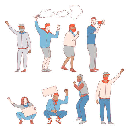 Men holding placards and loudspeakers and protesting against racism, inequality. Black lives matter concept.のイラスト素材