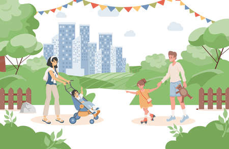 Happy smiling parents with their children walking in urban park at summer vector flat illustration.のイラスト素材