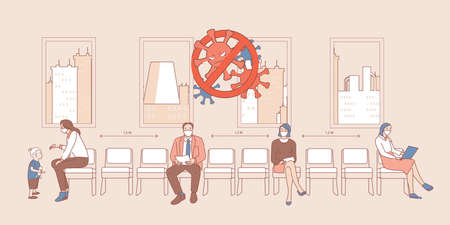 People in medical face masks sitting in the line and keeping safe social distance vector cartoon outline illustration.のイラスト素材