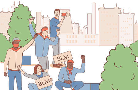 Men holding placards with Black Lives Matter words and protesting in city park vector cartoon outline illustration.のイラスト素材