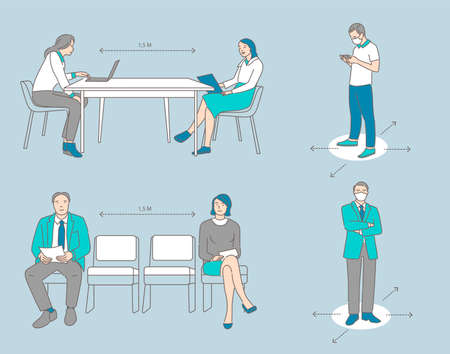 People keeping safe social distance to prevent Coronavirus outbreak vector cartoon outline illustration.のイラスト素材