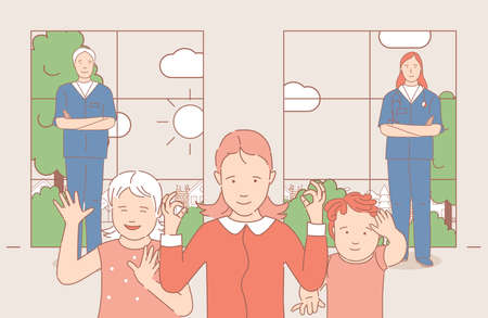 Children waving hands, man and woman in medical uniform standing near kids vector cartoon outline illustration.のイラスト素材