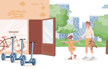 Father and daughter spending time together vector flat illustration. Daughter and dad going to skate rent.のイラスト素材