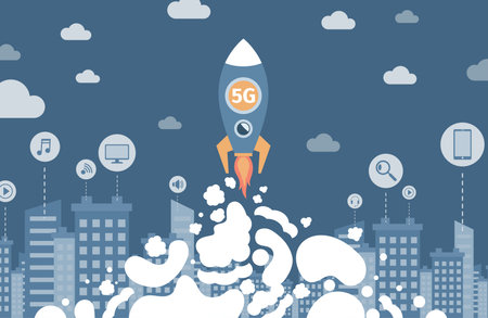 Space rocket with 5G flying to the sky vector flat illustration. 5G wireless network technology for...