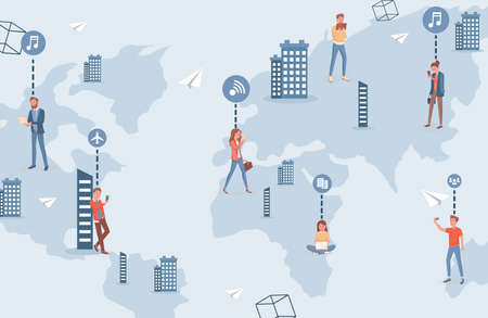 People in the city using wireless internet technology in smartphones vector flat illustration.のイラスト素材