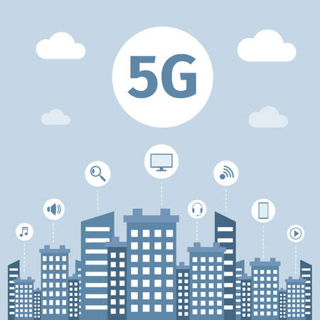 5G wireless Internet technology vector flat banner concept. Smart city infrastructure, high speed connection in towns.のイラスト素材