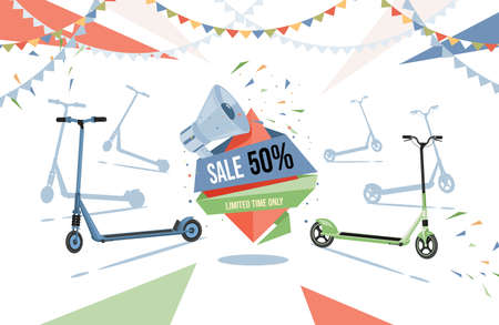 Sale in electric scooters shop vector flat flyer design with text space. Modern eco friendly city transport illustration.のイラスト素材