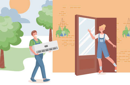 Young repair service professional bring air conditioner to country house vector flat illustration.のイラスト素材