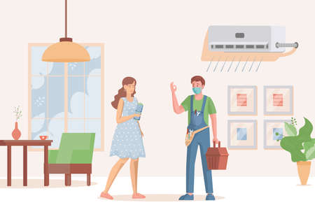 Young repair specialist installs or repairs air conditioner for young woman vector flat illustration.のイラスト素材
