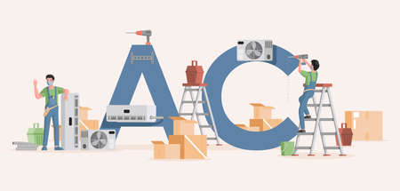 Air conditioner installation vector flat banner template. Specialists work to repair or install air conditioners.のイラスト素材