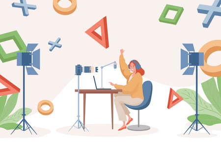 Online streaming vector flat illustration. Woman playing video games on laptop and making a video recordings.のイラスト素材