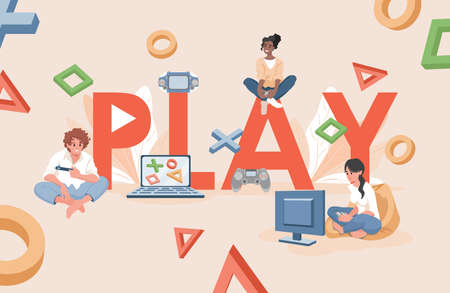 Play word banner template. People playing video games on game console vector flat illustration.のイラスト素材