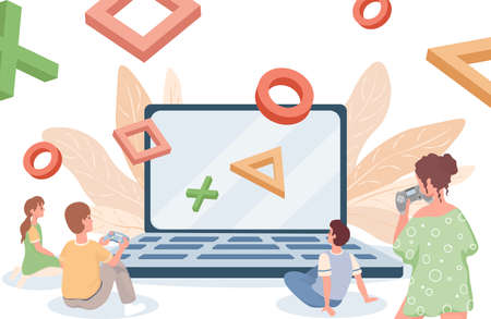 Online gaming vector flat illustration. Playing online games on computer or console concept.のイラスト素材